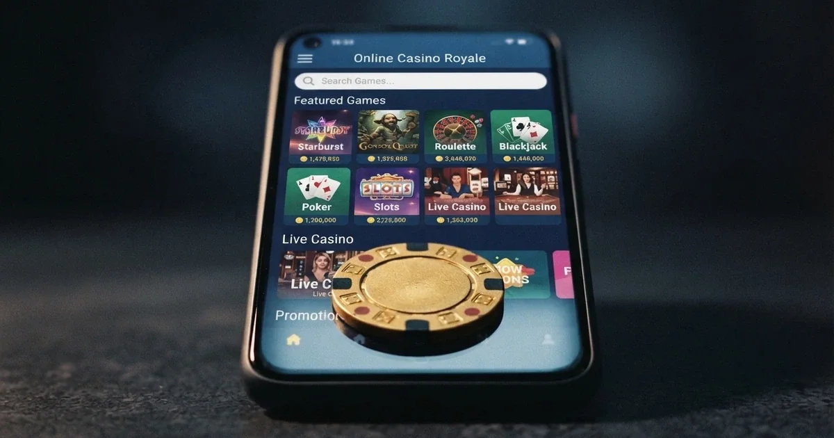 A single Australian one-dollar coin on a smartphone screen displaying an online casino lobby