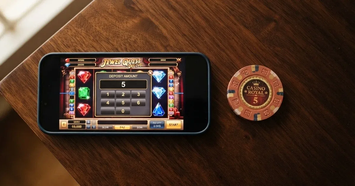 A mobile phone screen showing an online pokies game with a deposit screen overlaid, one Australian dollar coin beside the phone