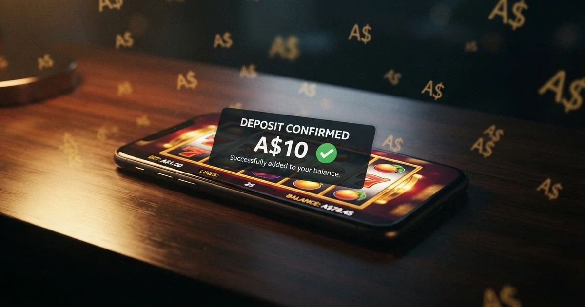 A smartphone screen displaying an online pokies game with a A$10 deposit confirmation overlay, set against a dark background with AUD currency symbols
