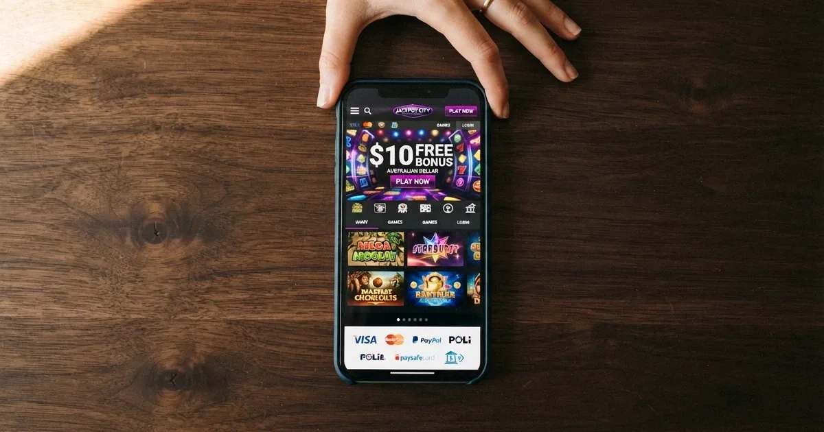 A smartphone screen showing an Australian online casino homepage with a “$10 no deposit bonus” banner and PayID listed among the deposit options
