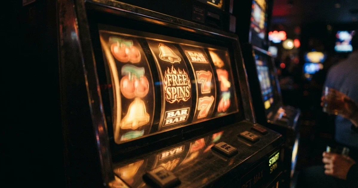 A collection of online pokie reels spinning with free spin symbols lit up across the screen