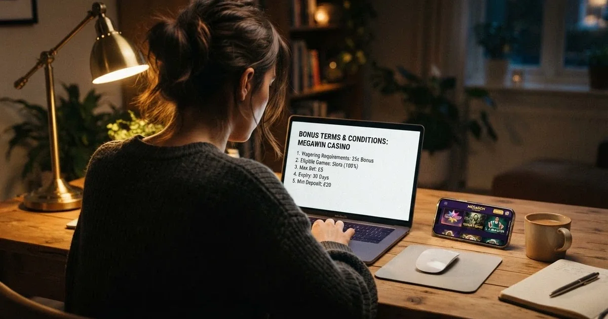 A player reviewing casino bonus terms and conditions on a laptop screen, with a smartphone showing a casino lobby beside it