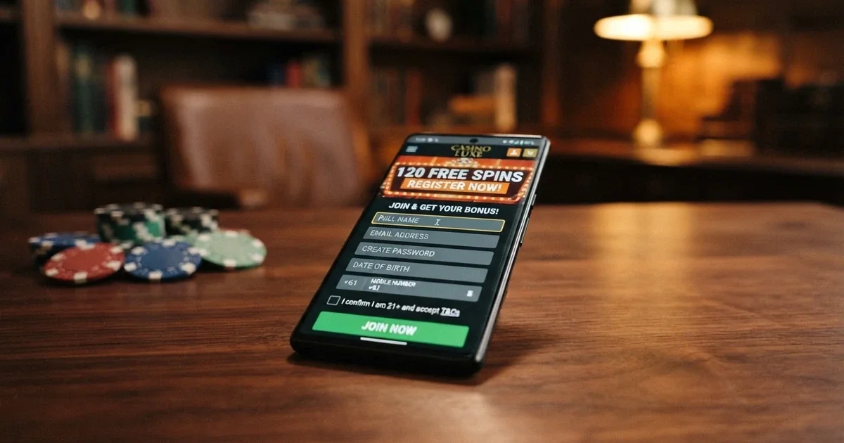 A smartphone screen displaying an online casino sign-up page with a large 120 free spins no deposit bonus banner and a registration form