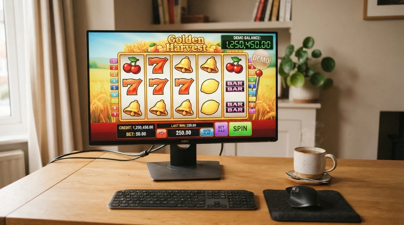 A desktop browser showing a 1spin4win slot in demo mode with a play-money balance, no login prompt visible