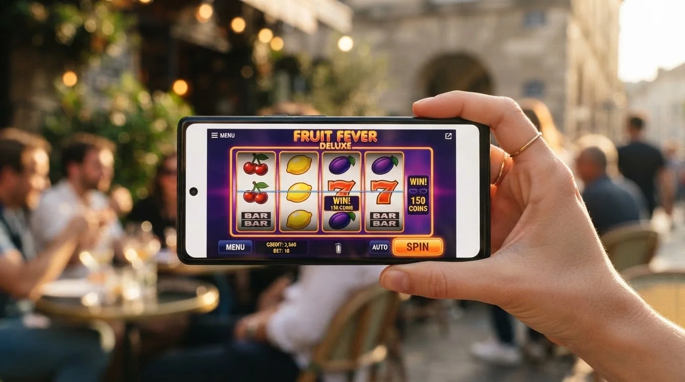 A smartphone held in landscape showing a 1spin4win slot running in a mobile browser with touch controls visible