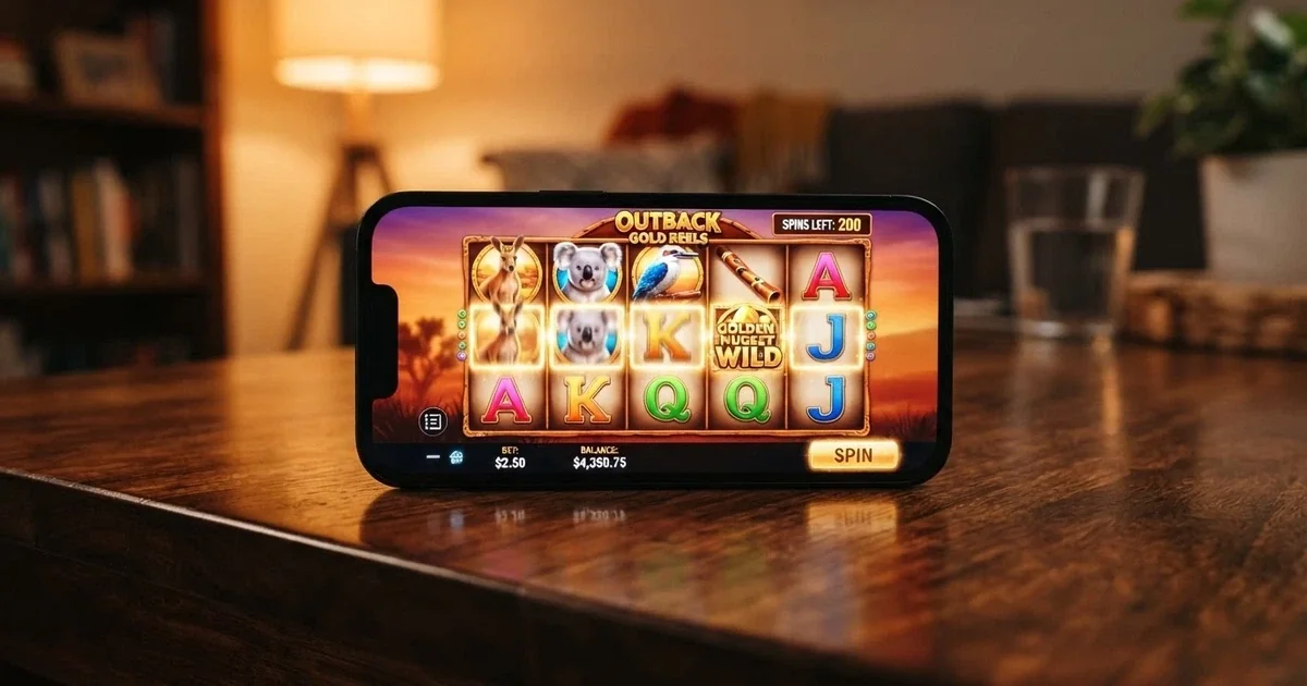 A smartphone screen showing a colourful online pokies game with free spin symbols lit and a spin counter at 200