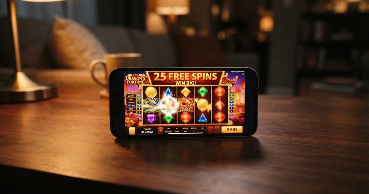 A smartphone screen showing a brightly coloured online pokie reel with the text “25 Free Spins” overlaid on a sign-up button