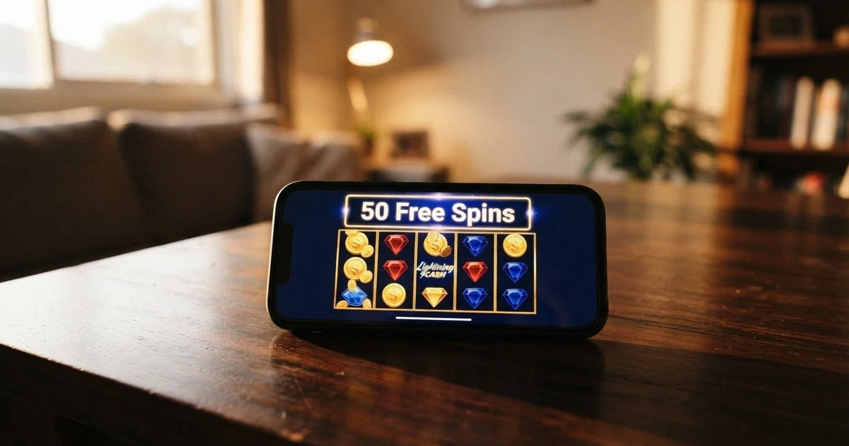 A smartphone screen displaying a colourful pokie game with the text “50 Free Spins” overlaid on a welcome offer banner, set against a muted background