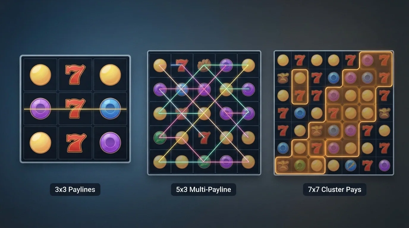 Side-by-side illustration comparing a classic 3×3 payline layout, a 5×3 slot grid and a 7×7 cluster-pay grid with win zones marked
