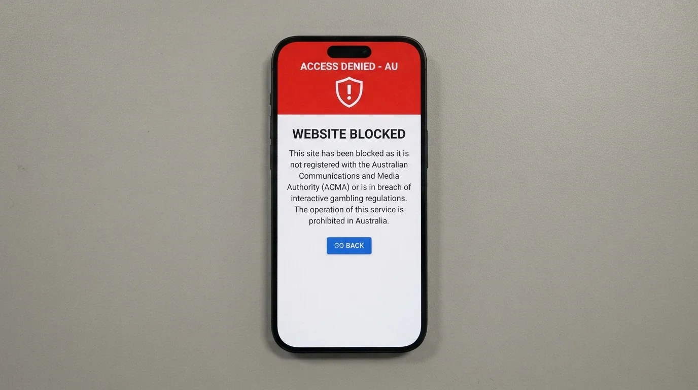 An iPhone displaying an ACMA blocking notice page — the screen an Australian player sees when an ISP has blocked a prohibited gambling site
