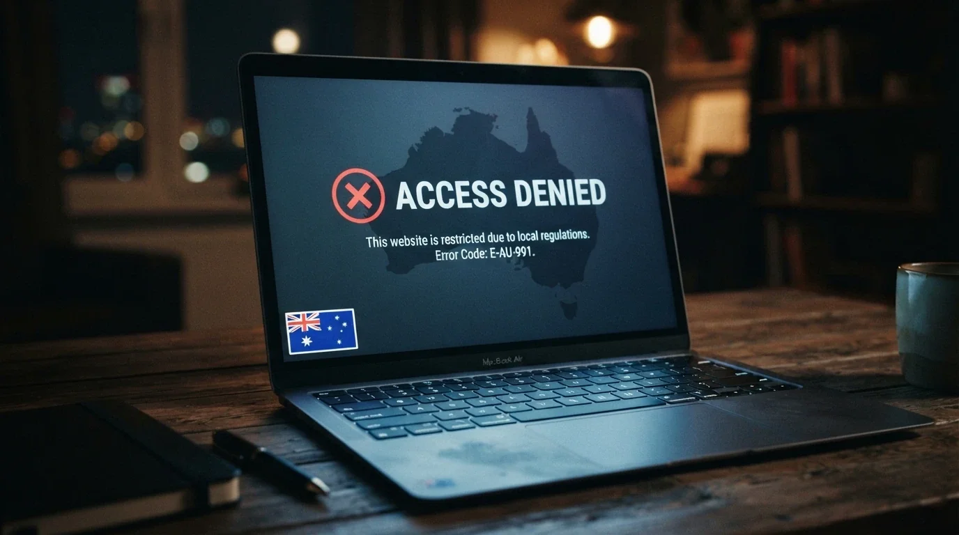 The ACMA logo alongside a stylised blocked-website notice on a screen, with a map of Australia visible in the background