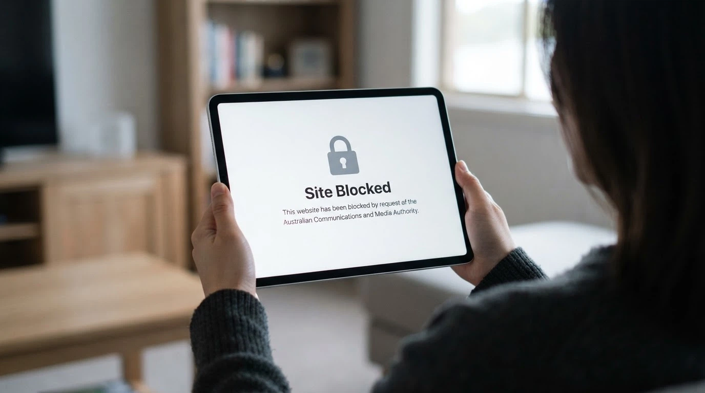 An iPad screen showing an ACMA website-blocking notice with the Australian Government crest