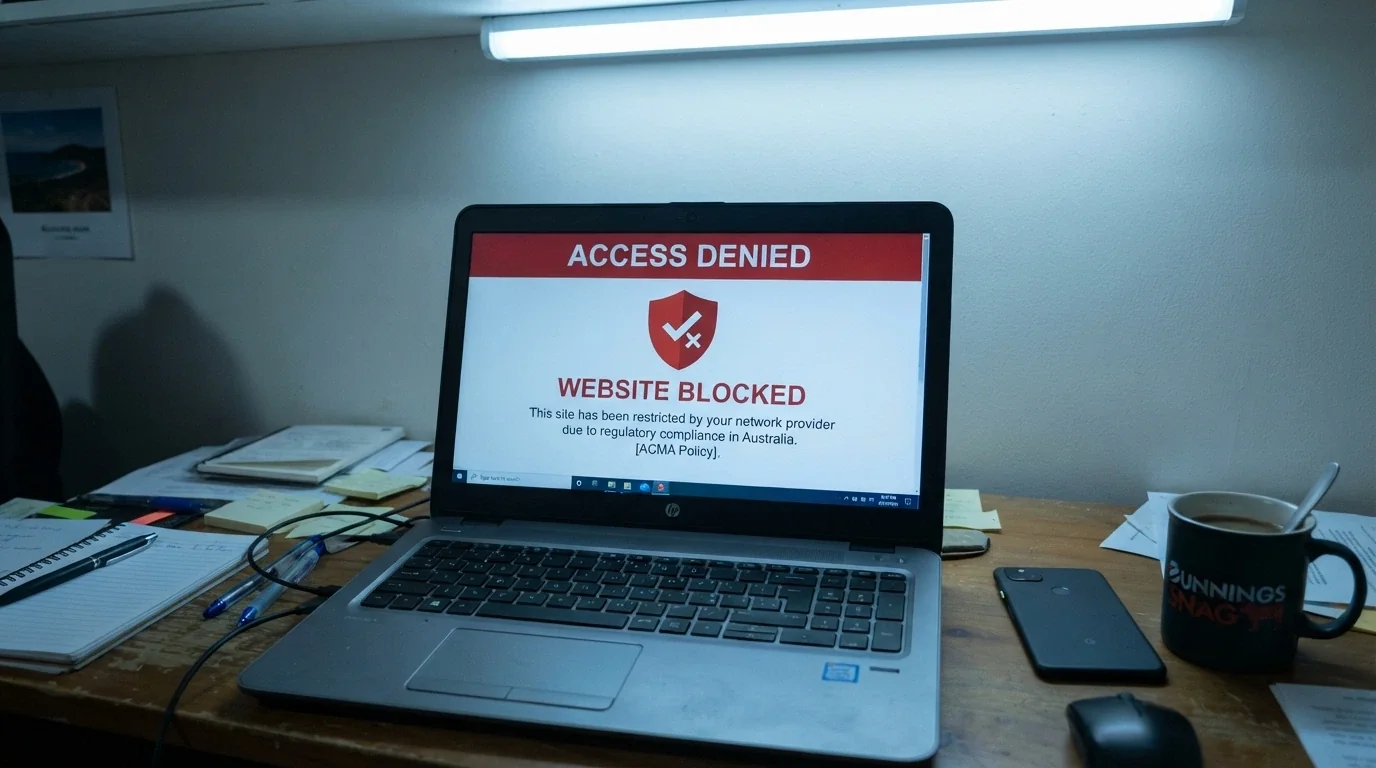 A browser window displaying an ACMA site-blocked notice with the regulator's logo, beside an offshore casino homepage