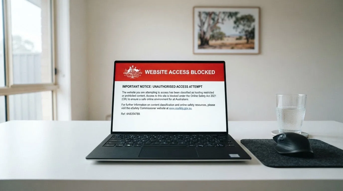 A web browser displaying the ACMA blocked-site notice that an Australian ISP serves when a gambling site is blocked under the IGA
