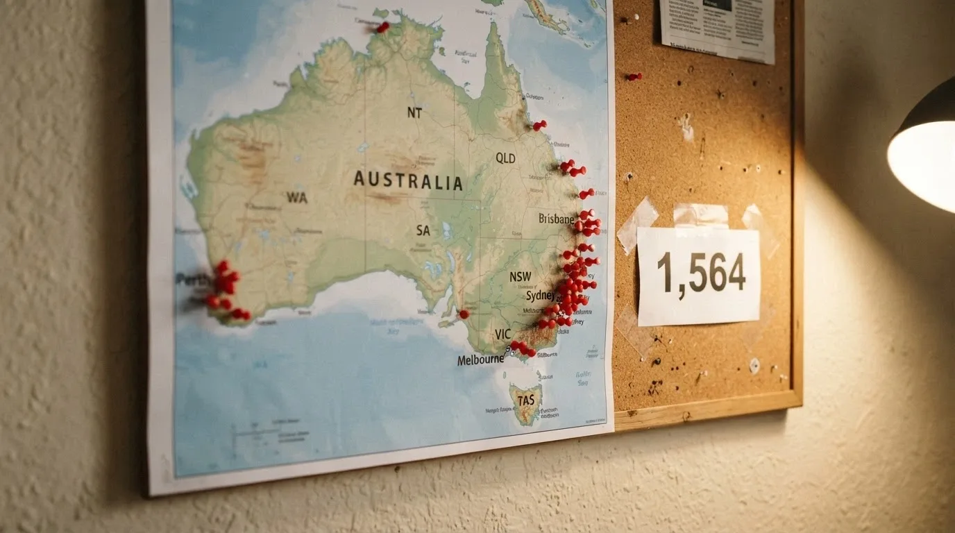 A map of Australia with blocked-site markers radiating from the coastline, the ACMA logo visible, and a “1,564 sites blocked” counter