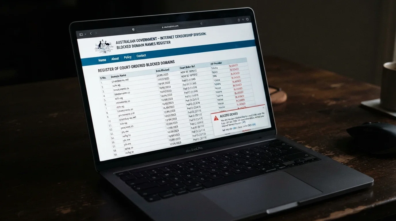 A browser window displaying the ACMA website's list of blocked illegal gambling domains, with an Australian ISP block notice partially visible in the corner