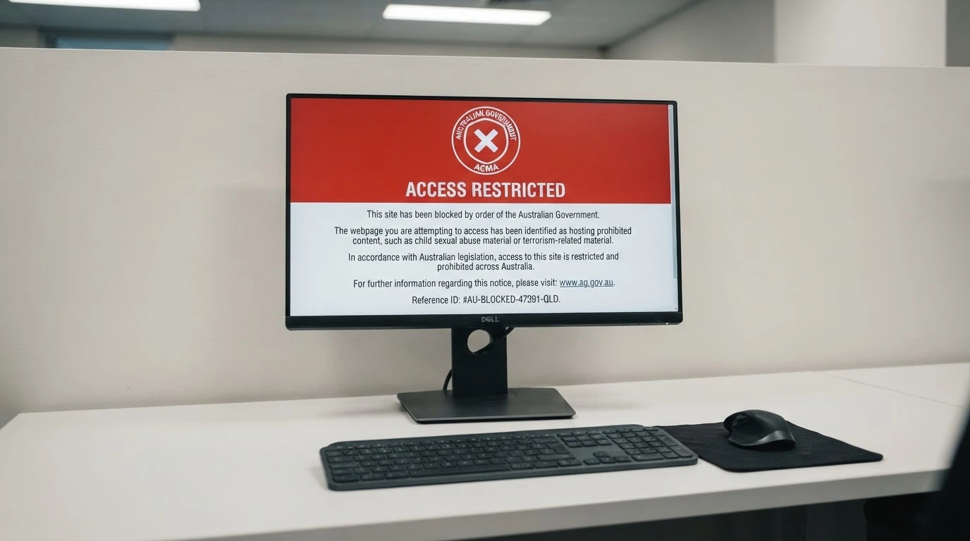 A browser window displaying an ACMA blocking notice — the standard page an AU internet user sees when accessing a blocked illegal gambling site
