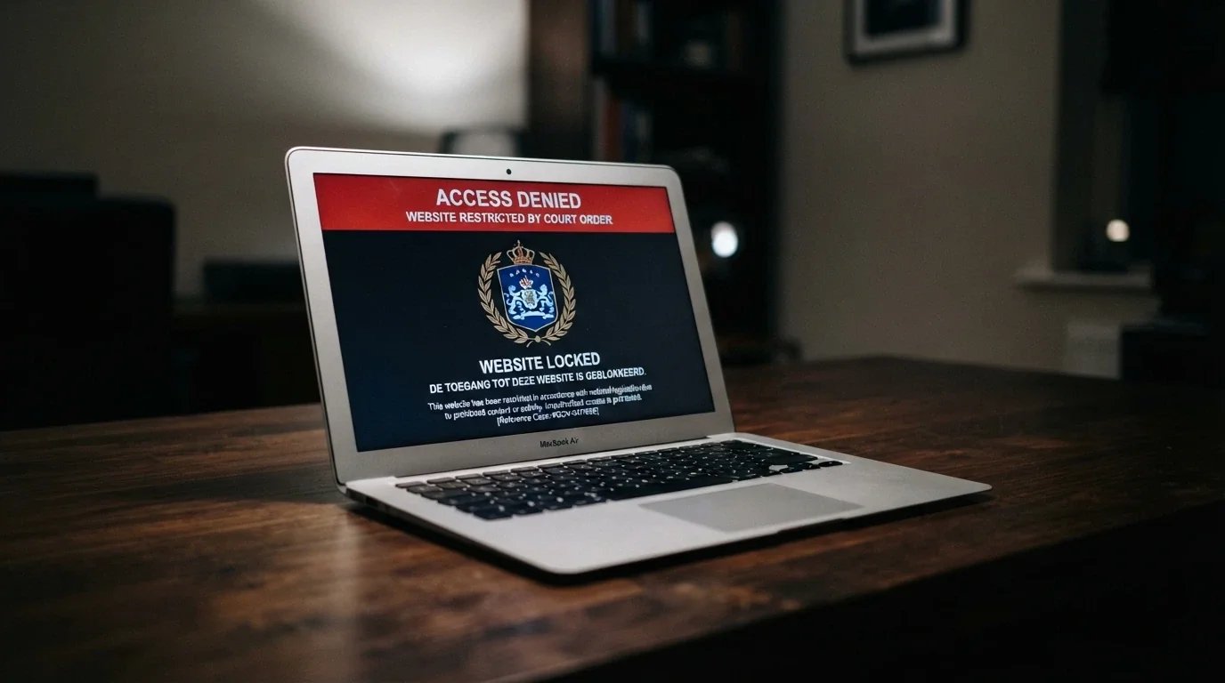 A laptop screen displaying the ACMA website-blocking notice with the Australian Coat of Arms visible