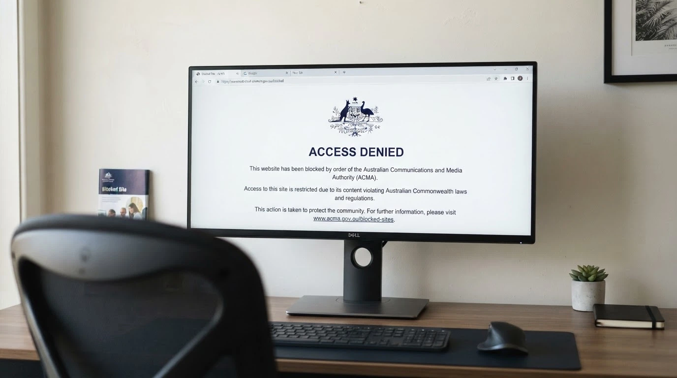 A web browser displaying an ACMA blocking notice — the standard screen an Australian ISP serves when a gambling site has been blocked, with the ACMA logo visible