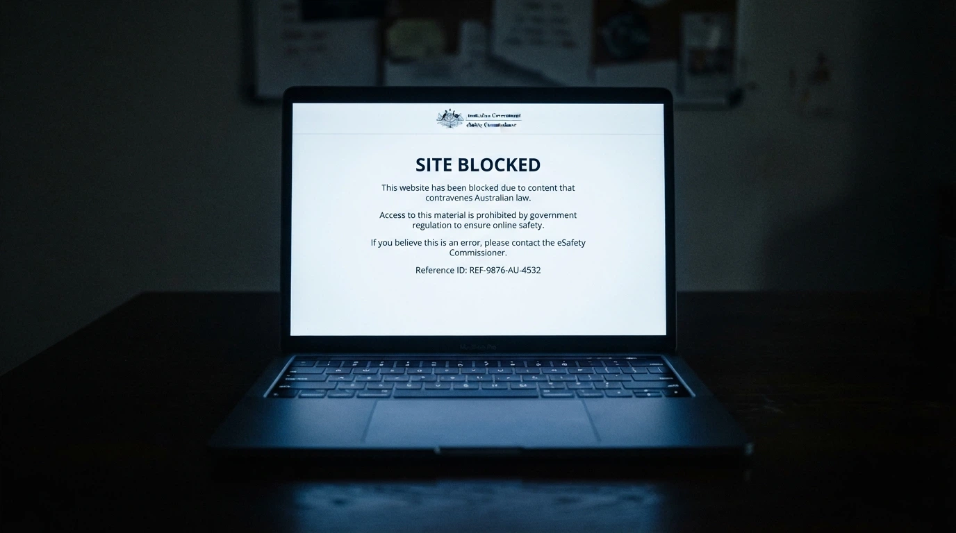A laptop screen showing the ACMA-blocked-website notice that Australian ISPs display when a visitor tries to reach a blocked offshore gambling site, the ACMA logo and the section-313 reference visible