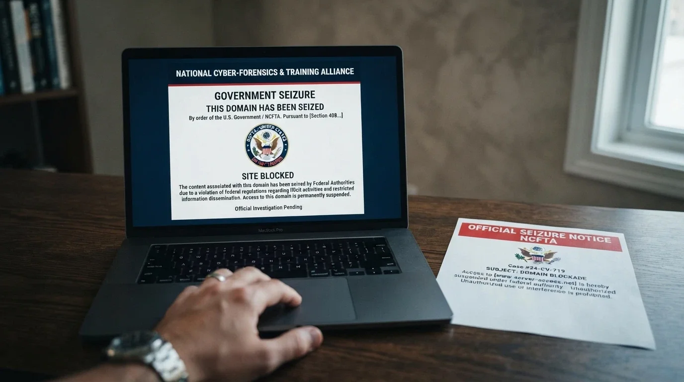 An Australian Government crest beside a website-blocked notification on a browser screen