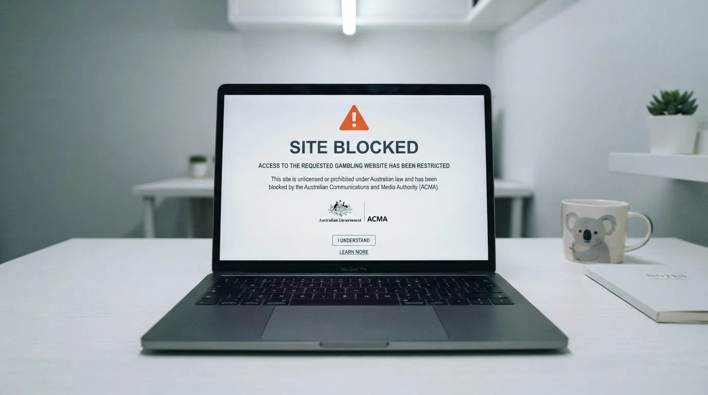 A laptop screen displaying an ACMA website-blocking notice as seen by an Australian internet user attempting to access a blocked gambling site