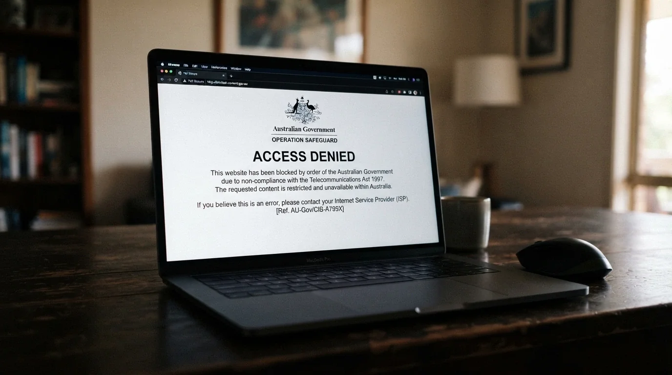 A stylised browser window displaying an ACMA blocking notice with the Australian Government crest visible