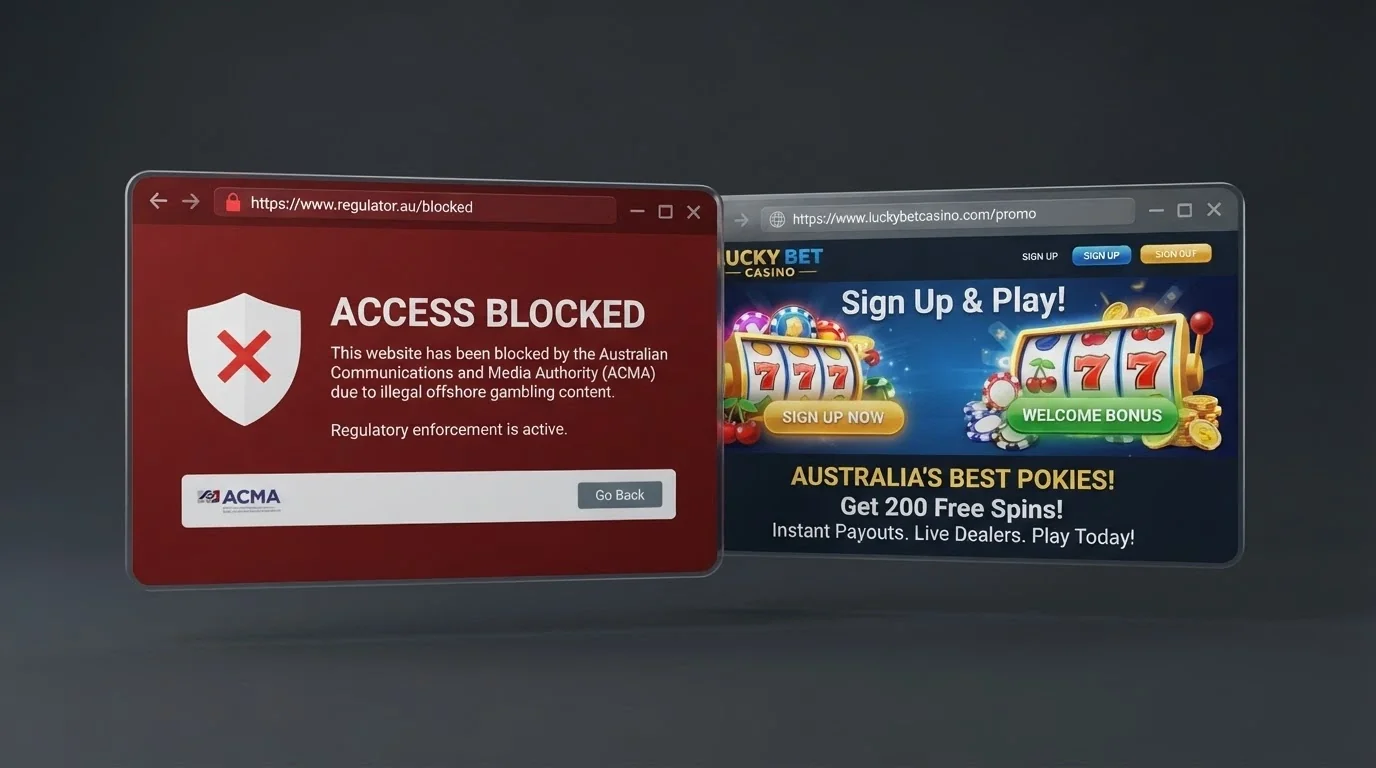 A stylised browser window showing an ACMA blocking notice beside a still-active offshore casino landing page, with the contrast highlighted