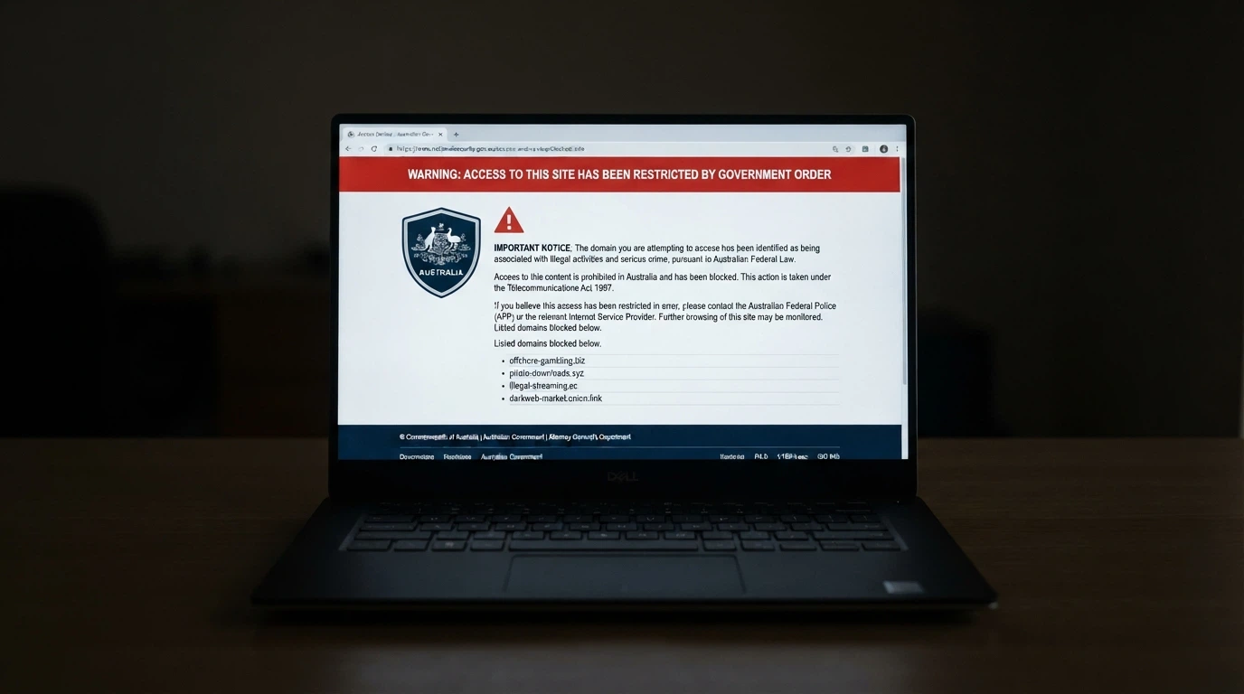 An official-looking blocking notice on a browser screen with the ACMA logo and a list of blocked domains
