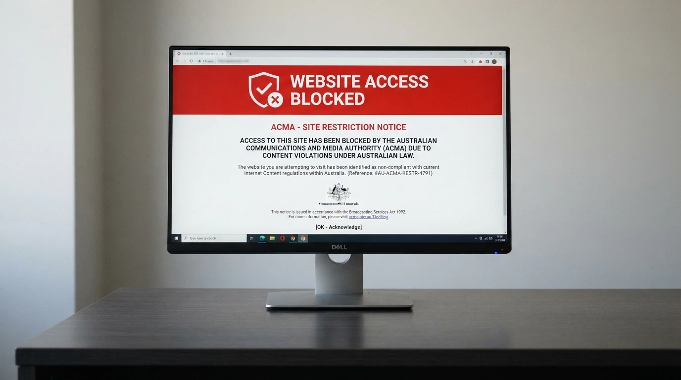The ACMA website page listing blocked illegal gambling websites, displayed on a computer screen