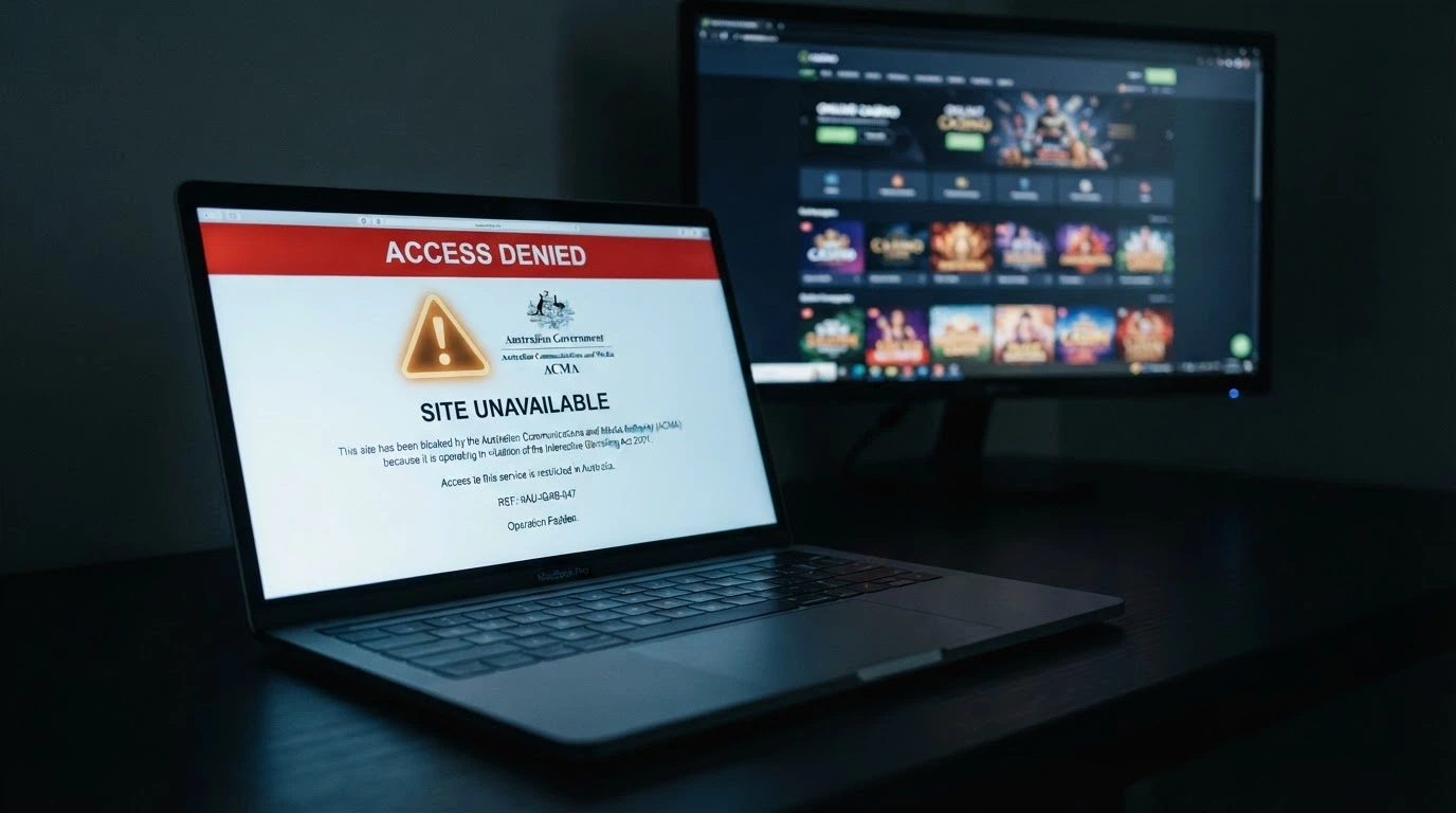A browser window displaying an ACMA blocking notice alongside a warning icon superimposed over a casino homepage