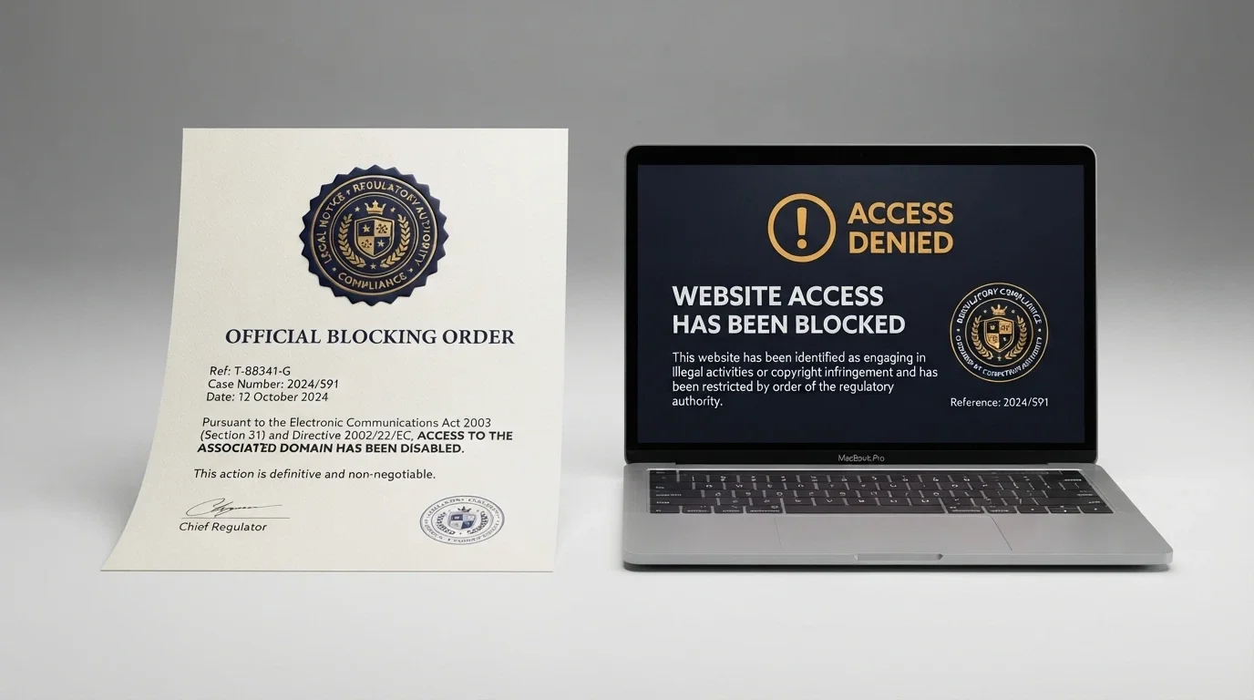 An official-looking document with the Interactive Gambling Act 2001 seal beside a browser window showing the ACMA blocking-notice page