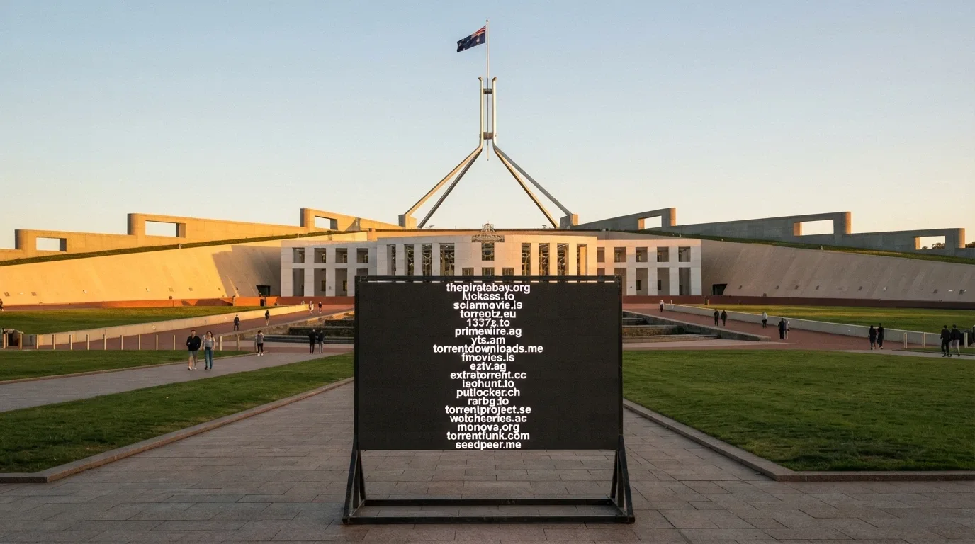 The Australian Parliament House with an overlaid ACMA logo and a digital screen showing blocked gambling site notices