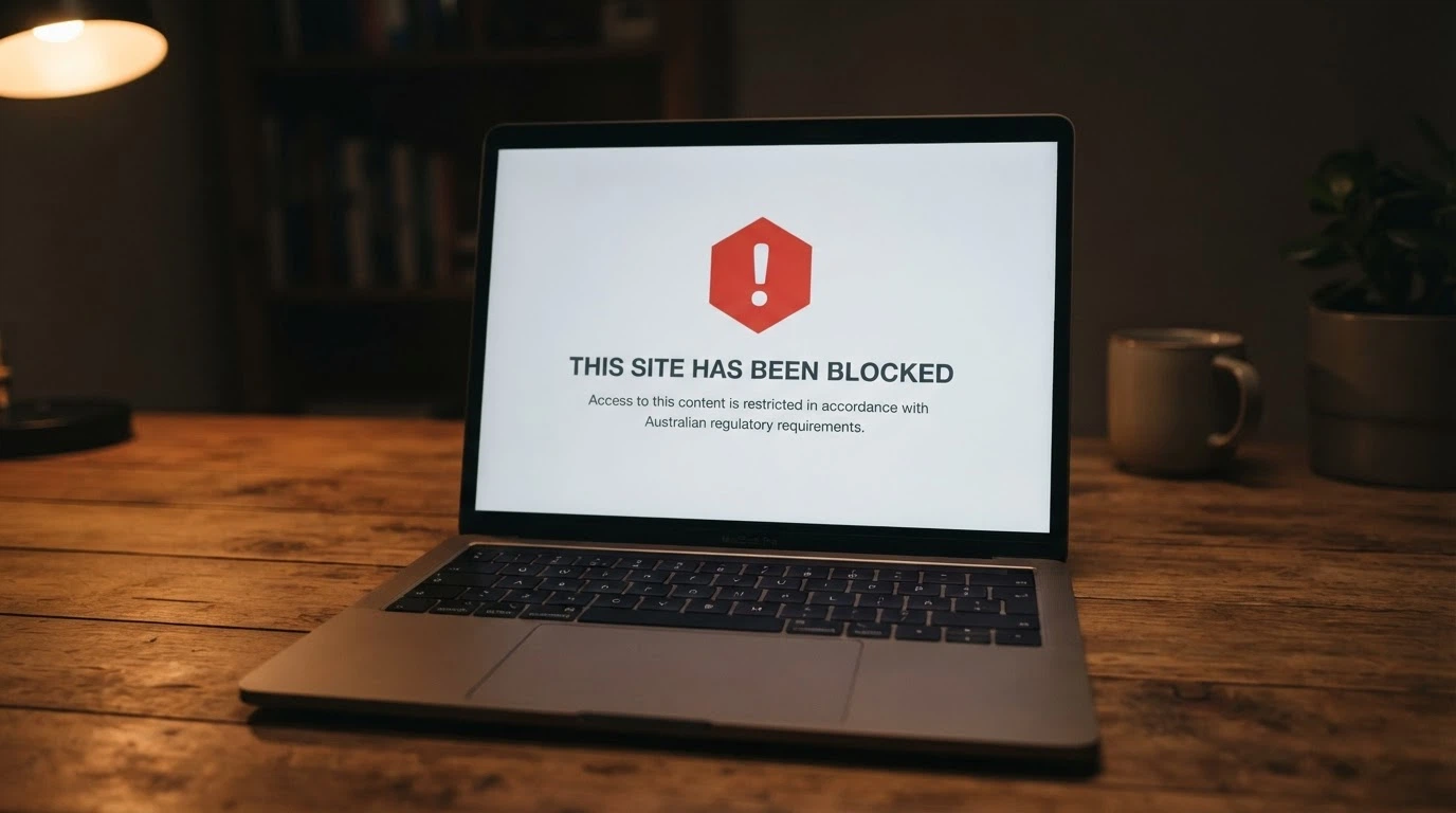 An official-looking document stamped PROHIBITED beside a laptop showing a blocked-website notice from an Australian ISP