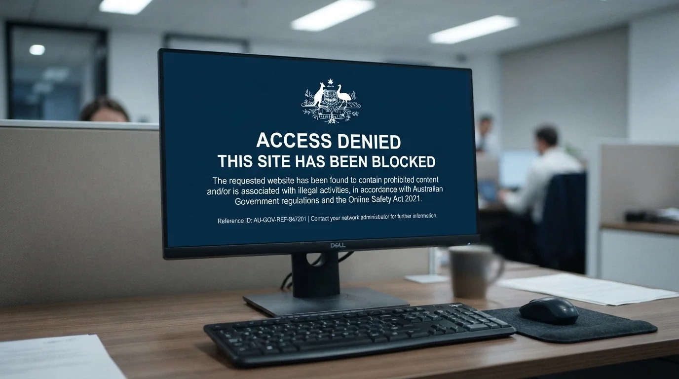 A government-styled notice screen with a site-blocked message, referencing the Australian Communications and Media Authority