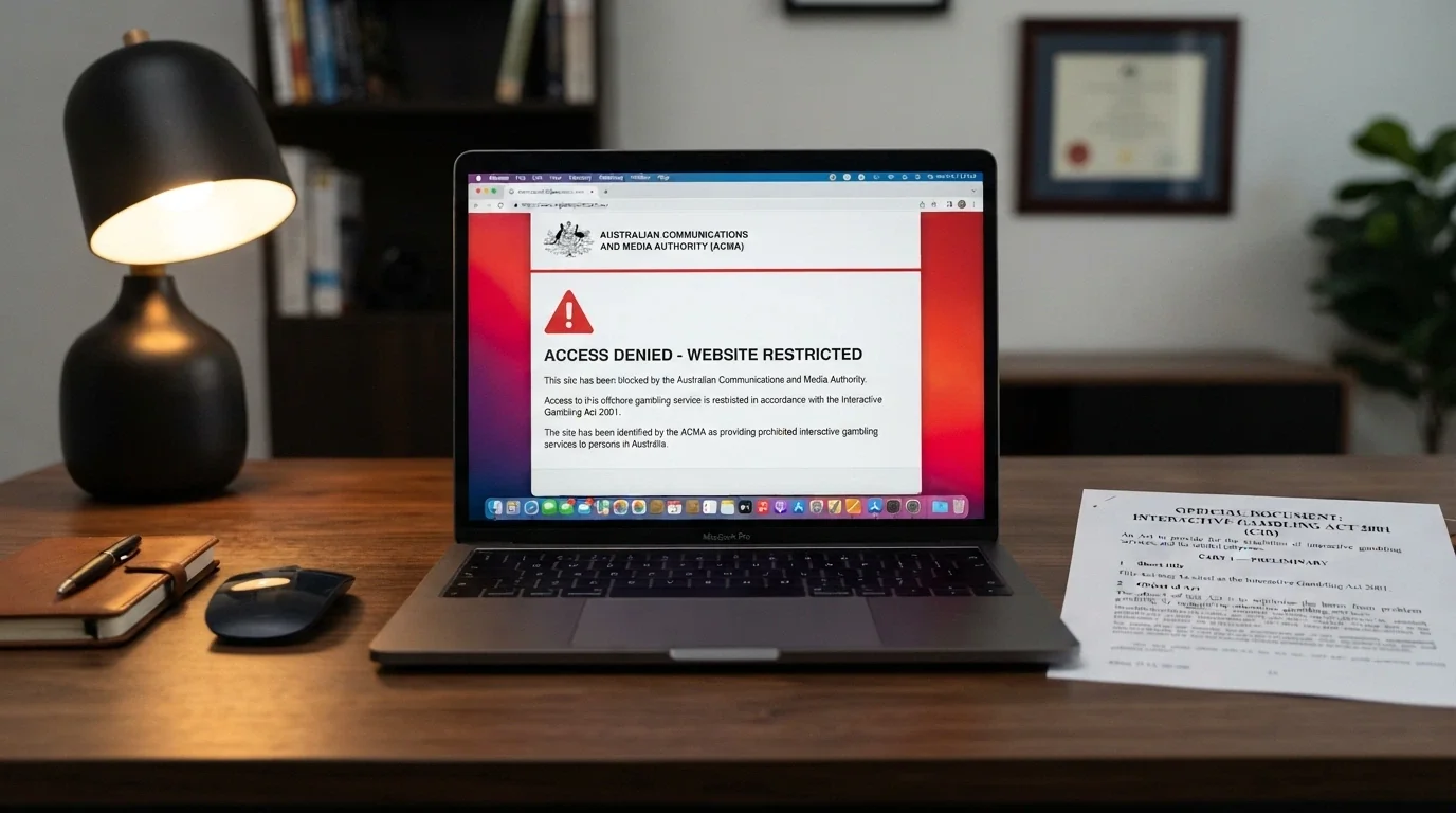 The ACMA logo on a government webpage alongside a blocked-site notice and the IGA act title