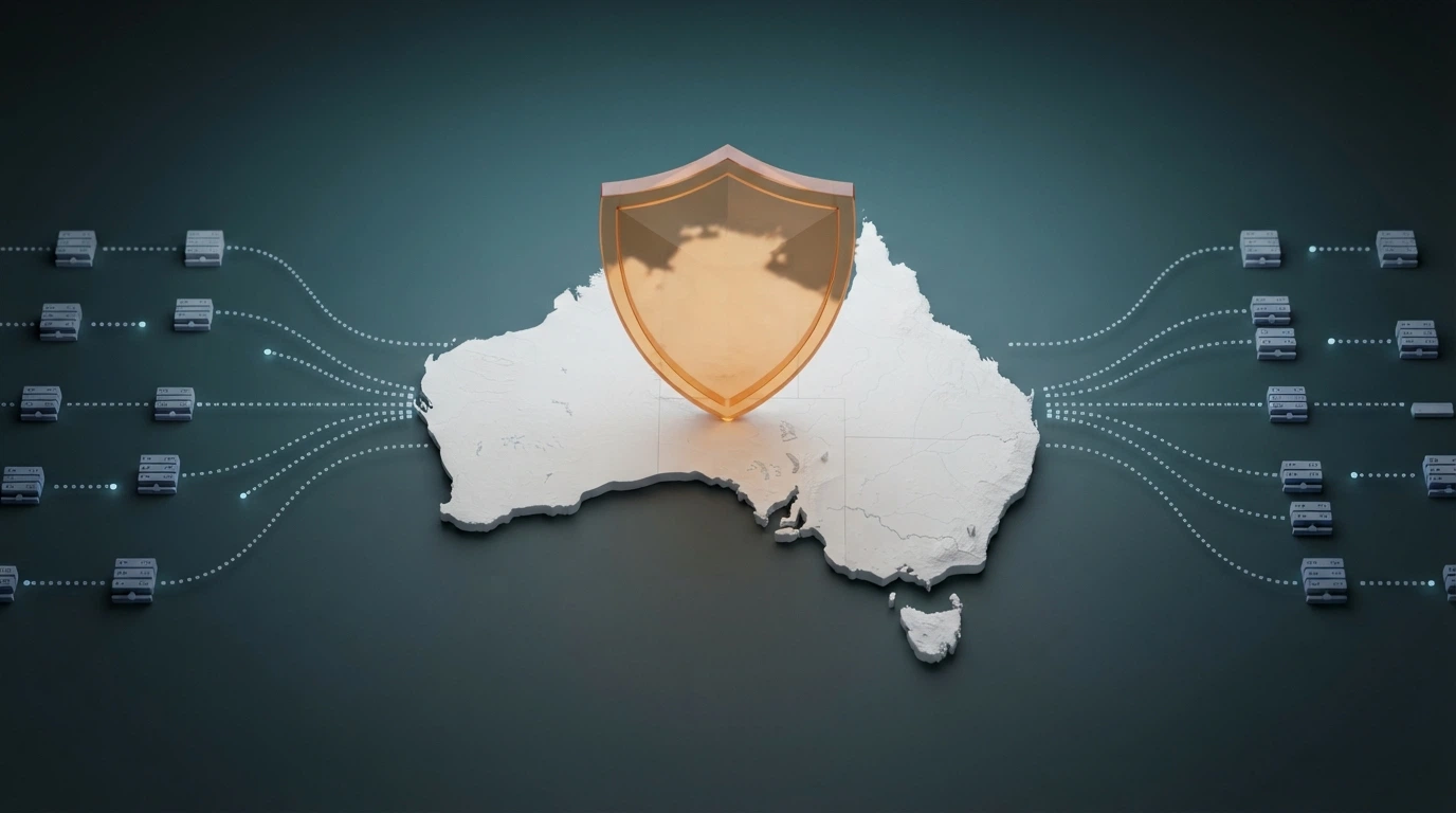 A stylised map of Australia with arrows pointing from offshore casino server icons toward the continent, intercepted by an ACMA-branded shield