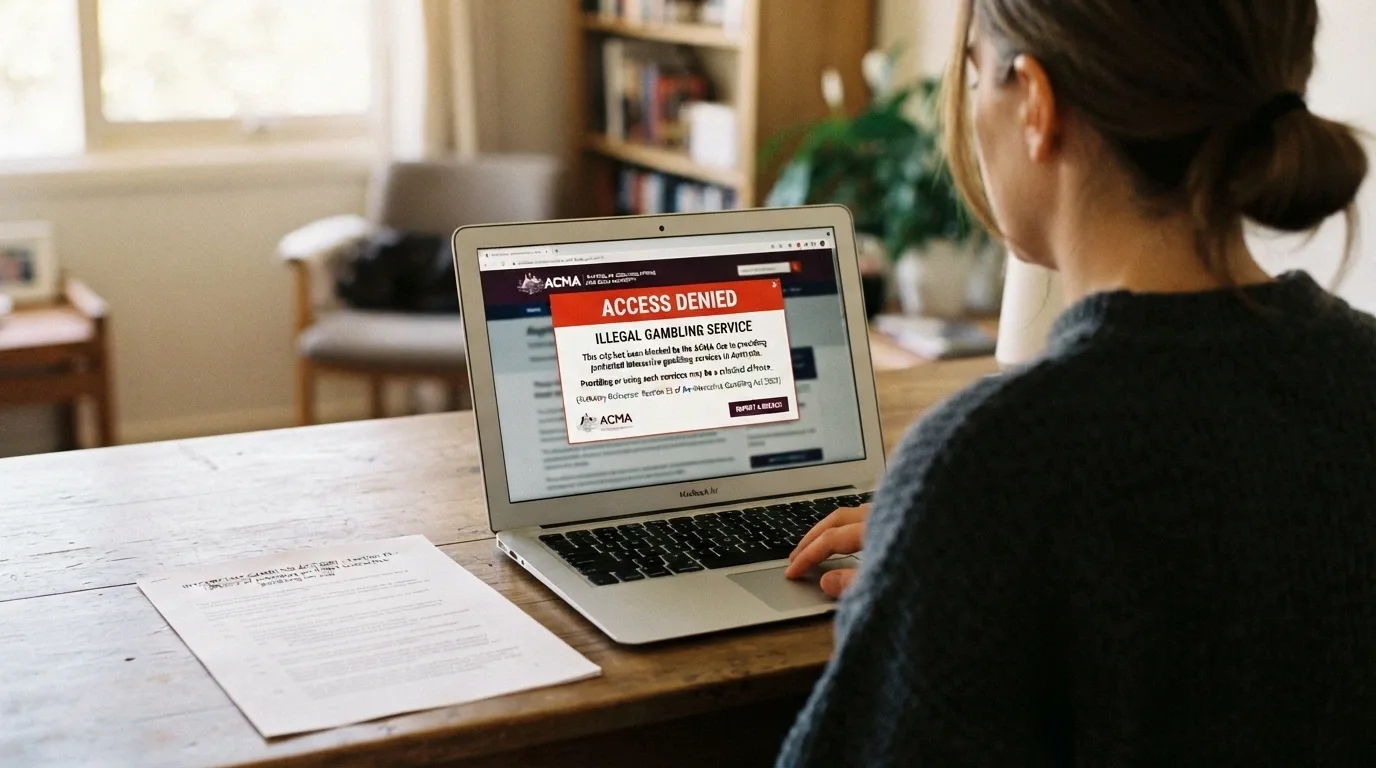 An ACMA-branded webpage warning beside a blocked-site notice on a browser screen, with the IGA 2001 statute reference visible