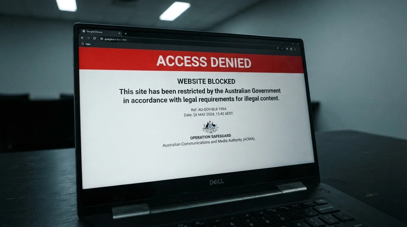 A browser window showing an ACMA website blocking notice against a dark background