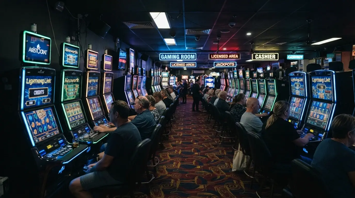 A Canberra pub or club gaming room with rows of poker machines — the 4,549 EGMs that make the ACT Australia's highest per-capita pokies jurisdiction