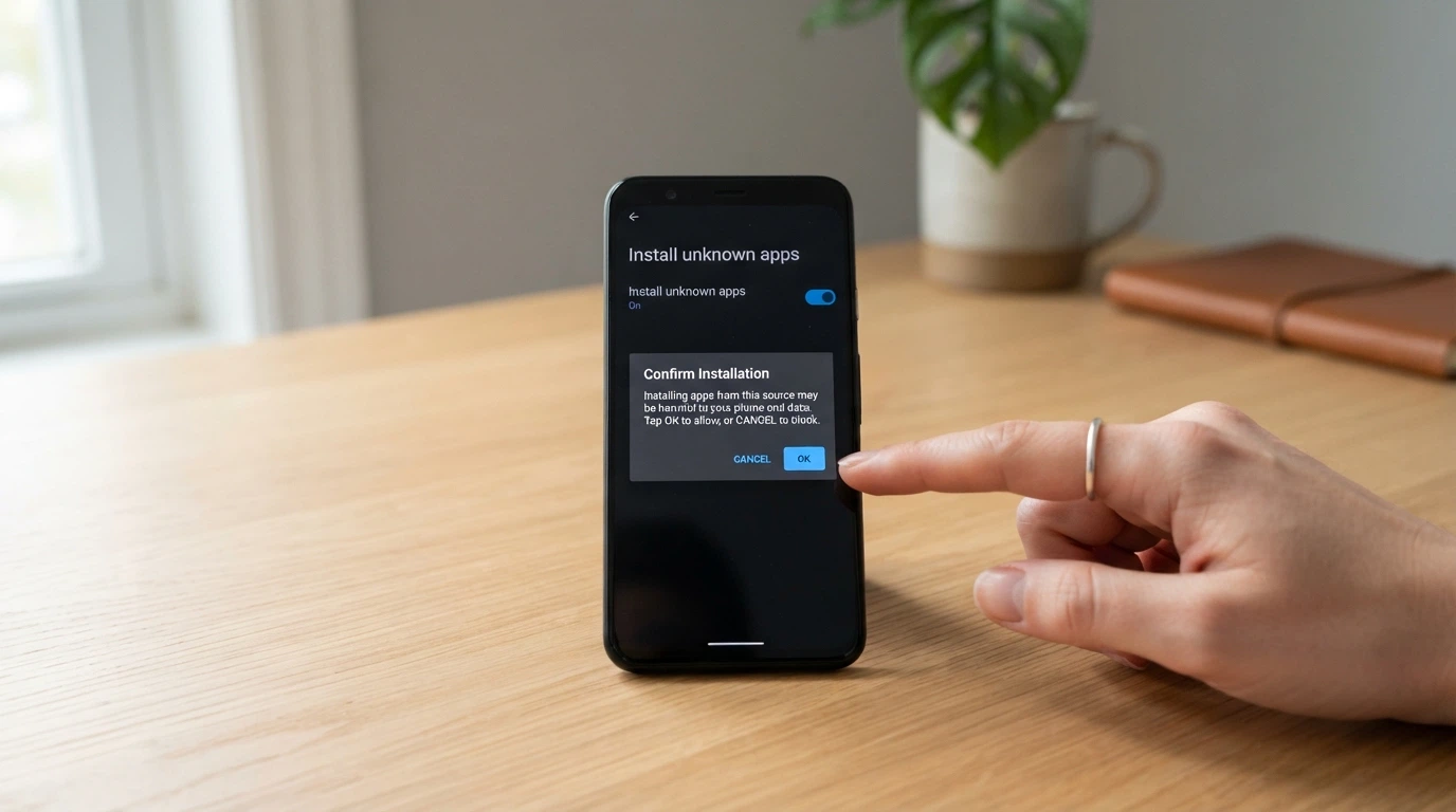 An Android phone screen displaying the “Install unknown apps” settings toggle with a permission dialogue overlay