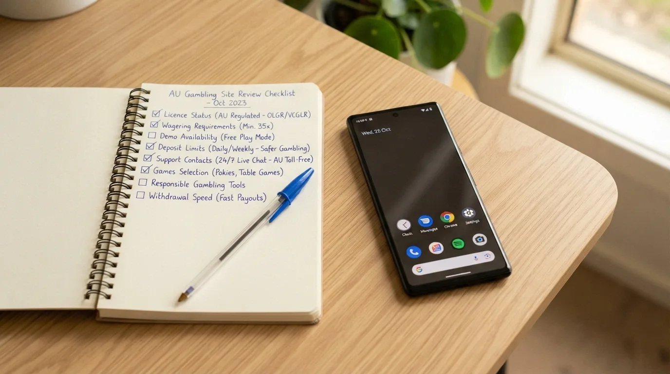 A smartphone lying beside a notepad with a handwritten checklist of criteria for choosing a pokies platform