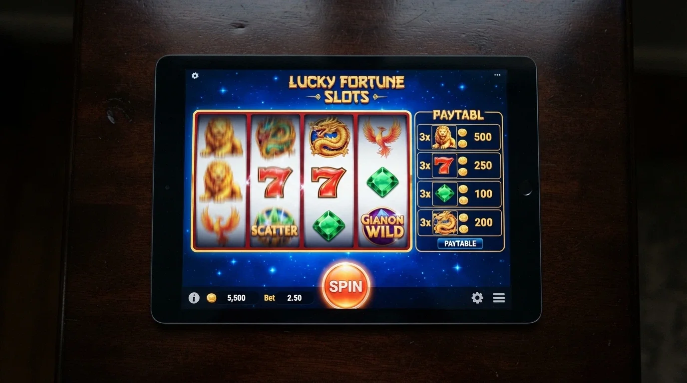 An iPad in landscape orientation displaying an Aristocrat pokies title with the spin button and a paytable visible