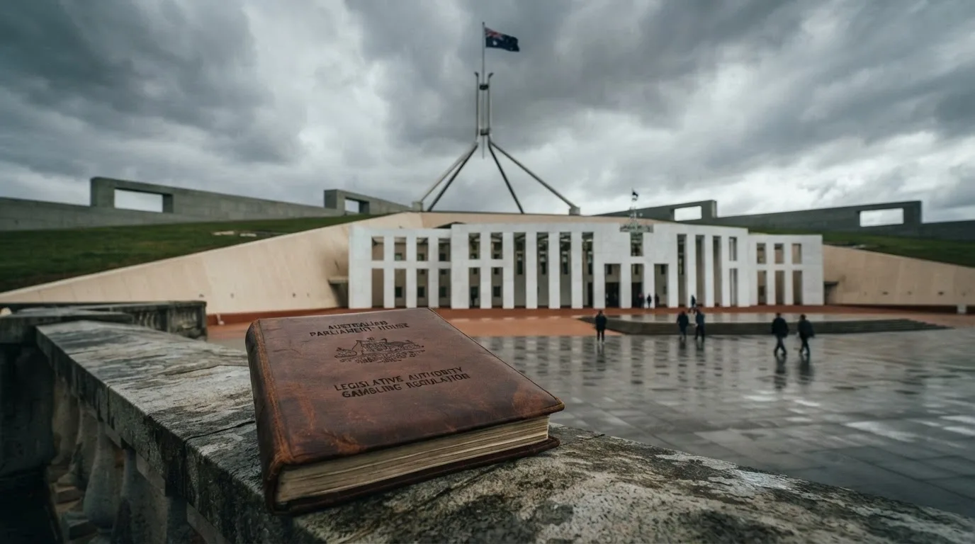 The Australian Parliament House in Canberra with a document icon and the text IGA 2001 overlaid, representing the Interactive Gambling Act