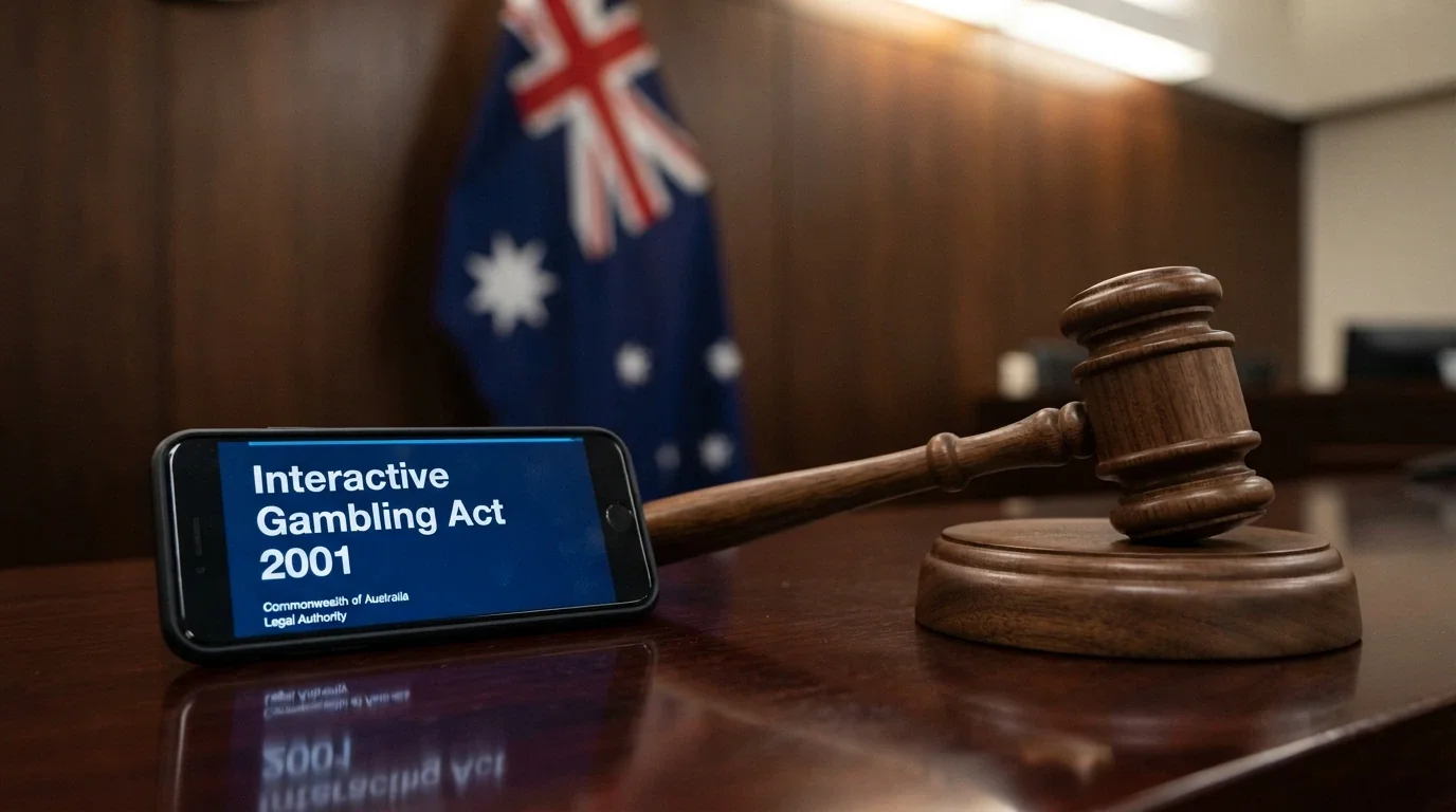 A gavel resting beside a smartphone that displays the text “Interactive Gambling Act 2001” on screen, with the Australian flag visible in the background