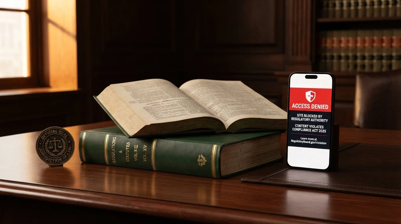 The ACMA logo beside the Interactive Gambling Act 2001 statute book, with a smartphone showing a blocked-site notice