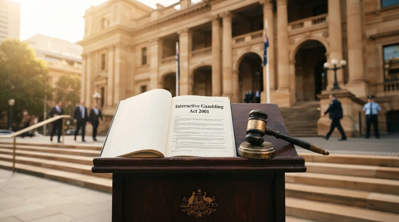 The ACMA logo on a government-building façade with a gavel and the text Interactive Gambling Act 2001 beside it