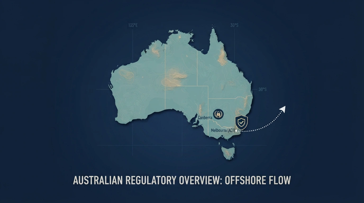 A stylised map of Australia with ACMA and IGA markers, showing the offshore-casino flow