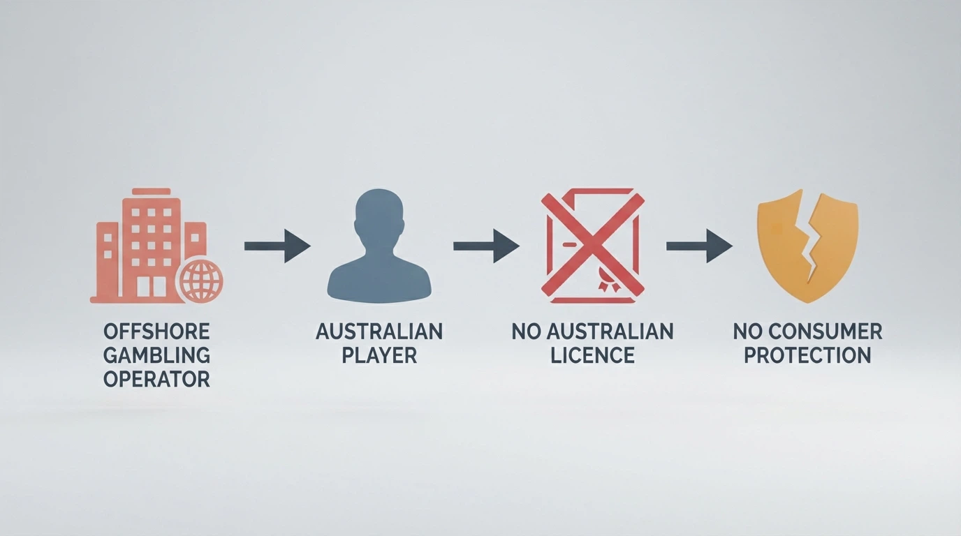 A simplified diagram showing the IGA prohibition flow: offshore casino → Australian player → no Australian licence → no consumer protection