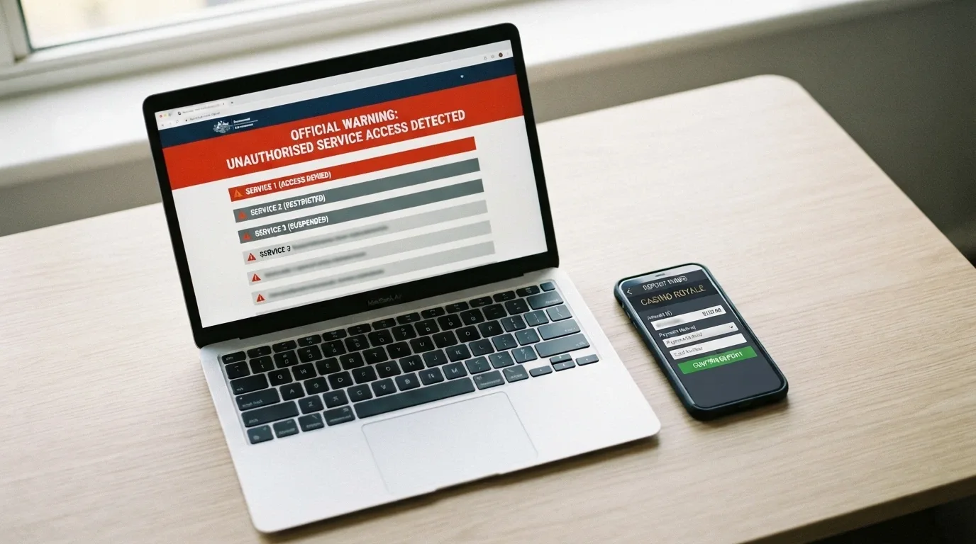 A laptop showing an ACMA.gov.au webpage with a warning banner about illegal offshore gambling, next to a smartphone on a casino deposit screen